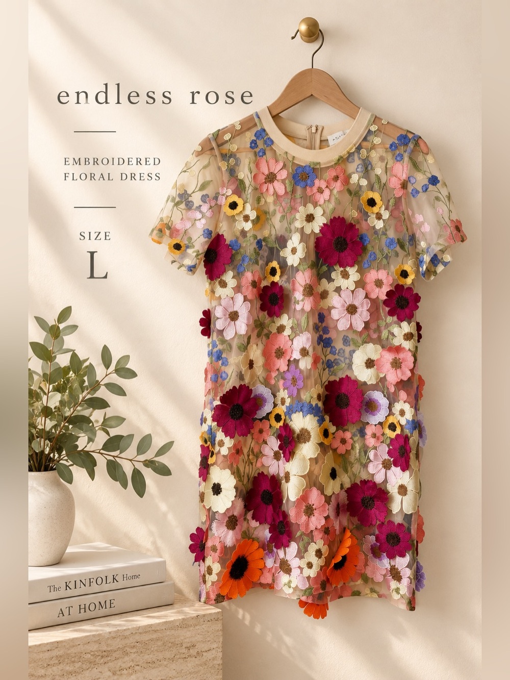 Endless Rose 3D Floral Embroidered Sheer Mesh Dress Nude Multi Size L NWT
